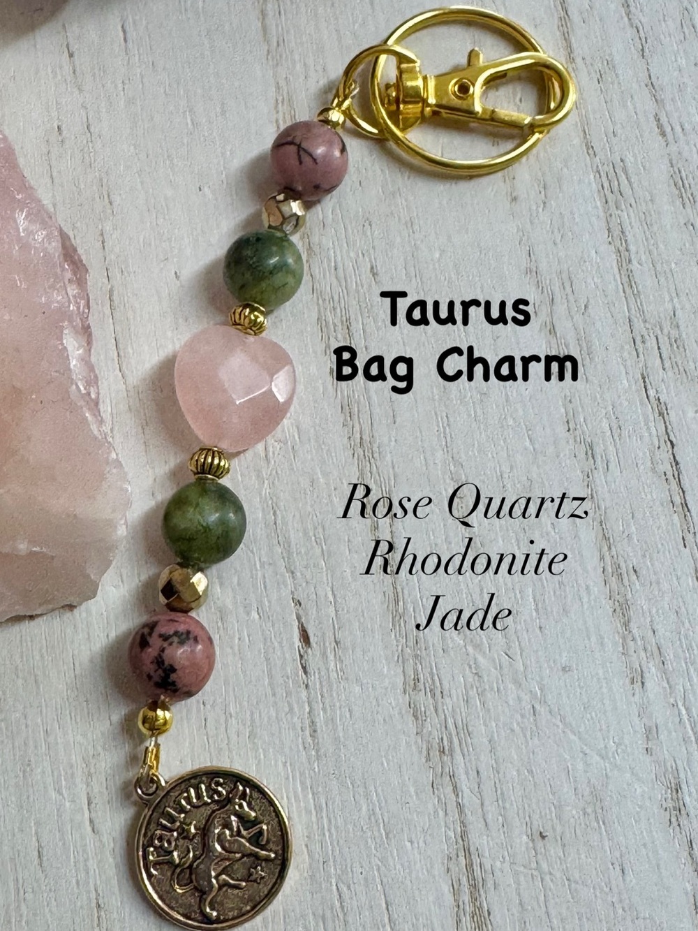 2/$40 Taurus Rose Quartz, Rhodonite & Jade Gemstone Bag Charm Keychain